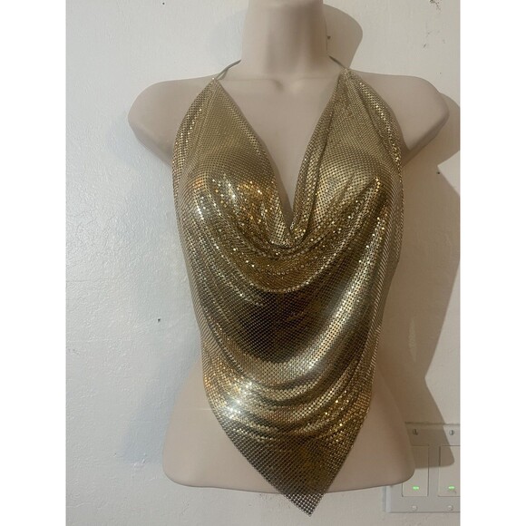 Whiting & Davis Metal Mesh Gold Halter Top 1970s Backless Open Back Pointed - Picture 1 of 9